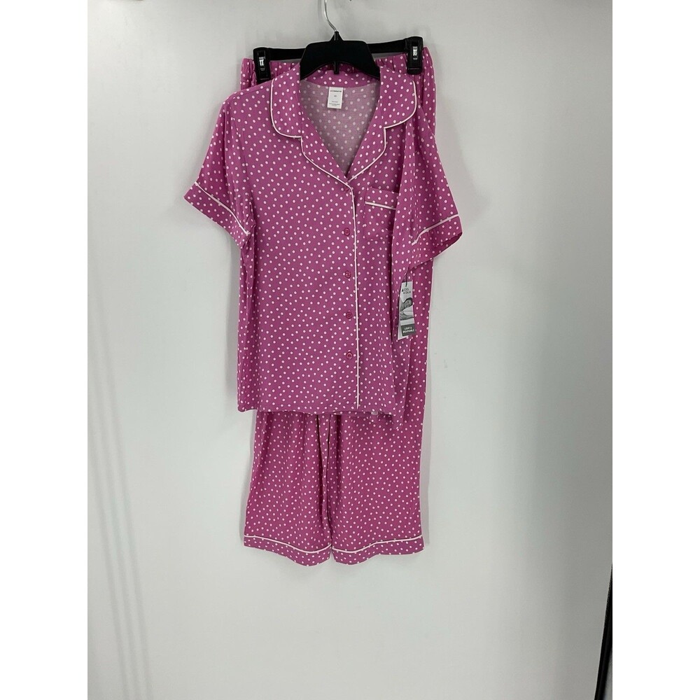 New Liz Claiborne Pink Polka Dot Pajama Set Short Sleeve Button Top Pants Sz XS